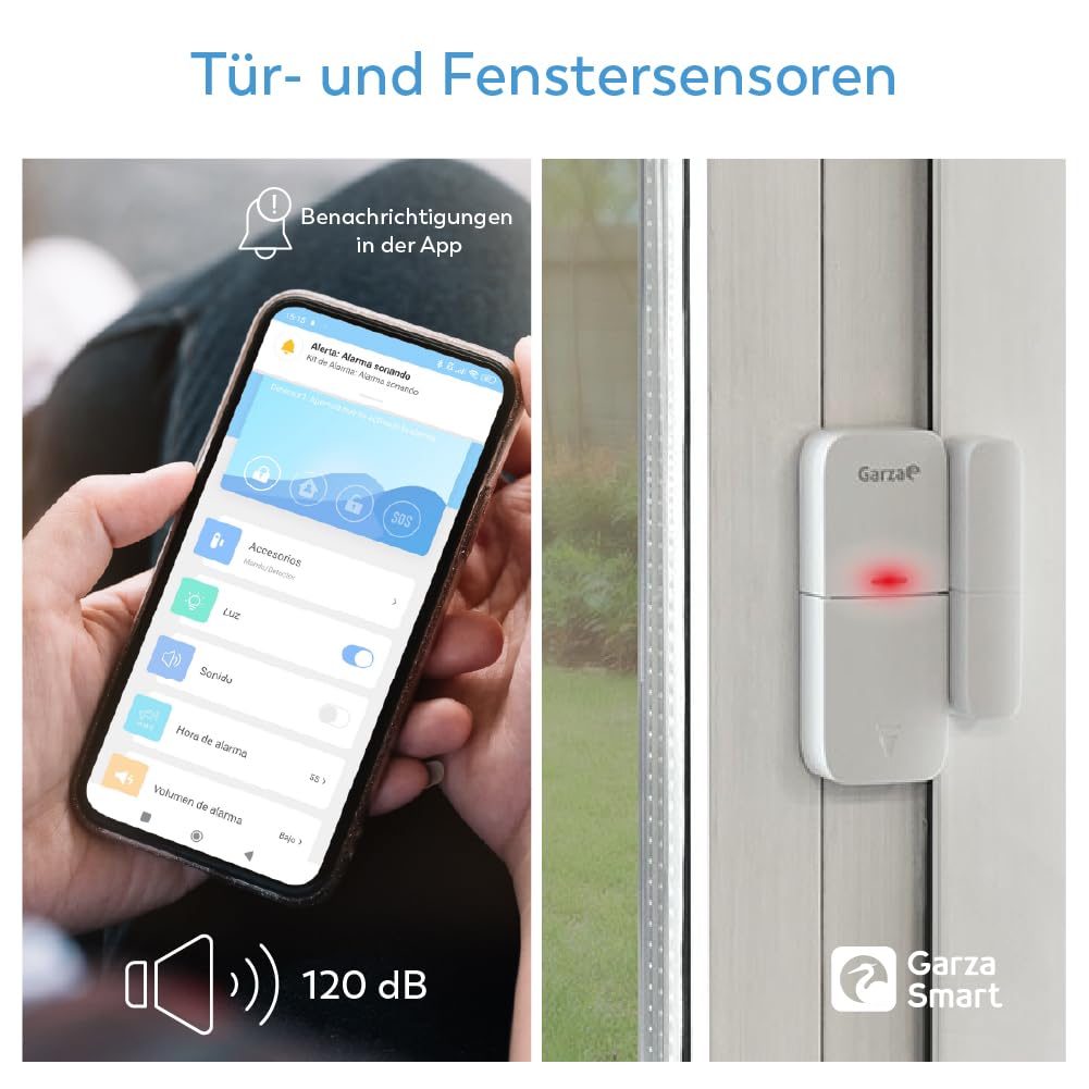 Garza - Intelligentes WLAN-Alarmsystem-Set für zu Hause, 120 dB Sirene, Bewegungssensor und Tür-/Fensteröffnung, Alarm ohne Gebühren, 2,4 GHz WLAN, Fernbedienung per App
