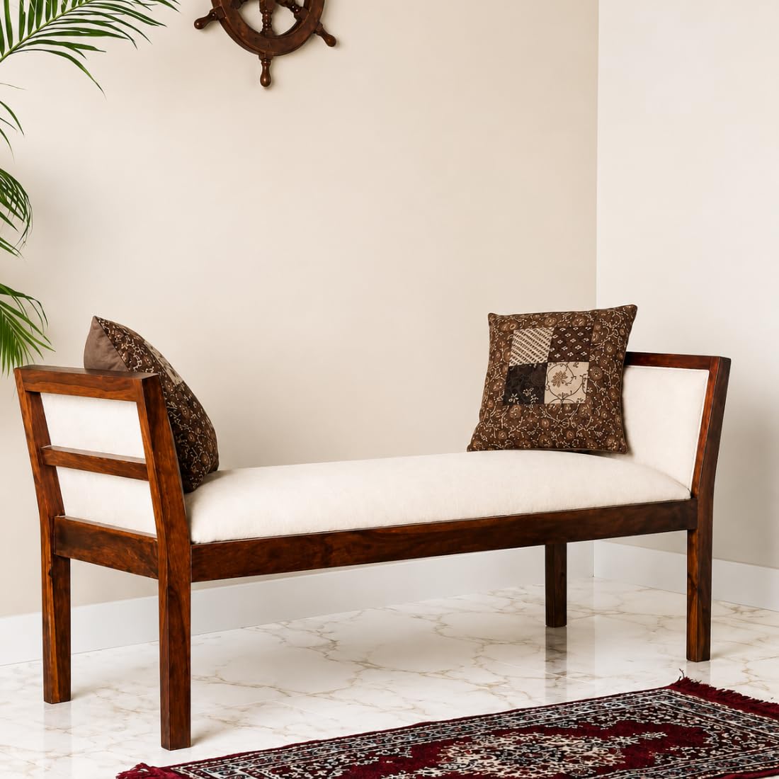 IThree Solid Sheesham Wood 2 Seater Bench for Living Room | Wooden Dining Bench with Cushion for Home | Armrest Bed | Two Seater Sofa Couch for Hall |-image-18
