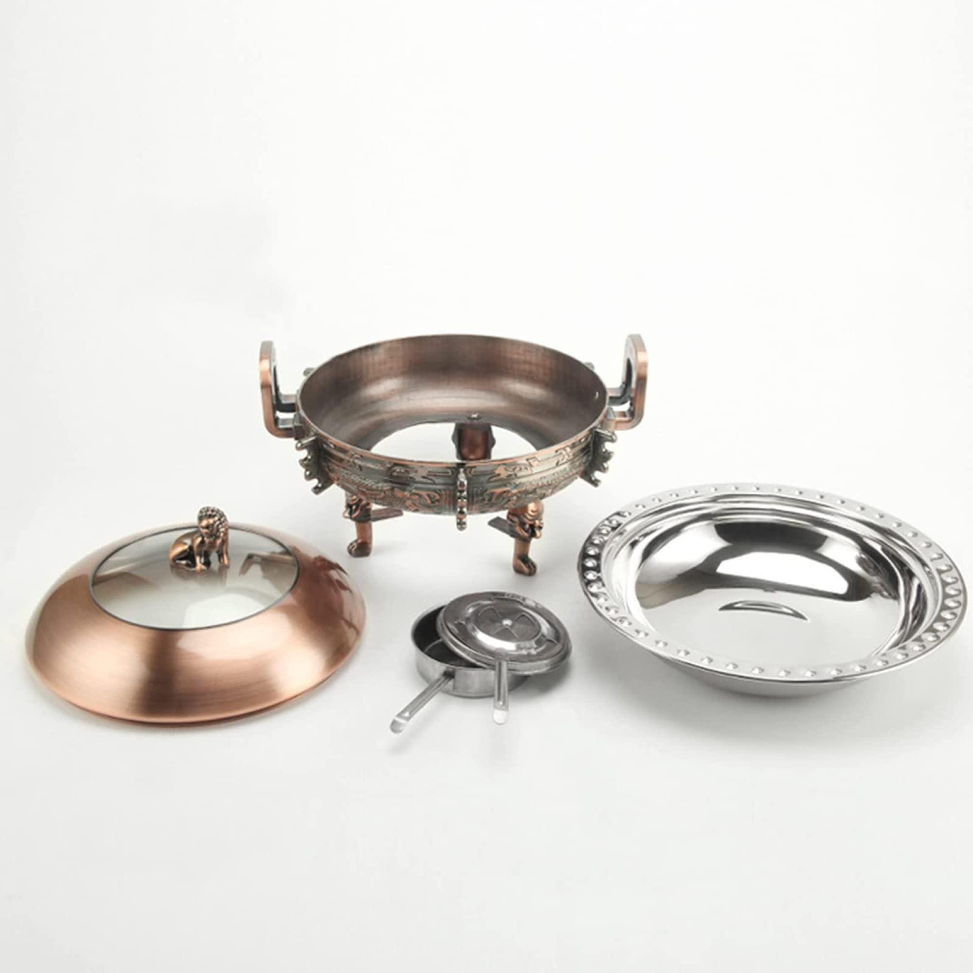 Calentador de Plato Redondo de Acero Inoxidable para bufé de Catering con bandejas, Soporte de Aluminio, Tapa Visible y Soportes para Combustible.