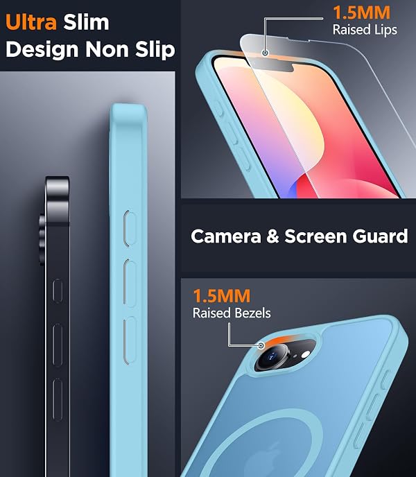 SPIDERCASE for iPhone 16e Case for iPhone 17e Case, Magnetic Translucent Matte Case with 2PCS Tempered Glass Screen Protector Slim Phone Case for iPhone 16E/17E 6.1'', Light Blue by SPIDERCASE - Image 4