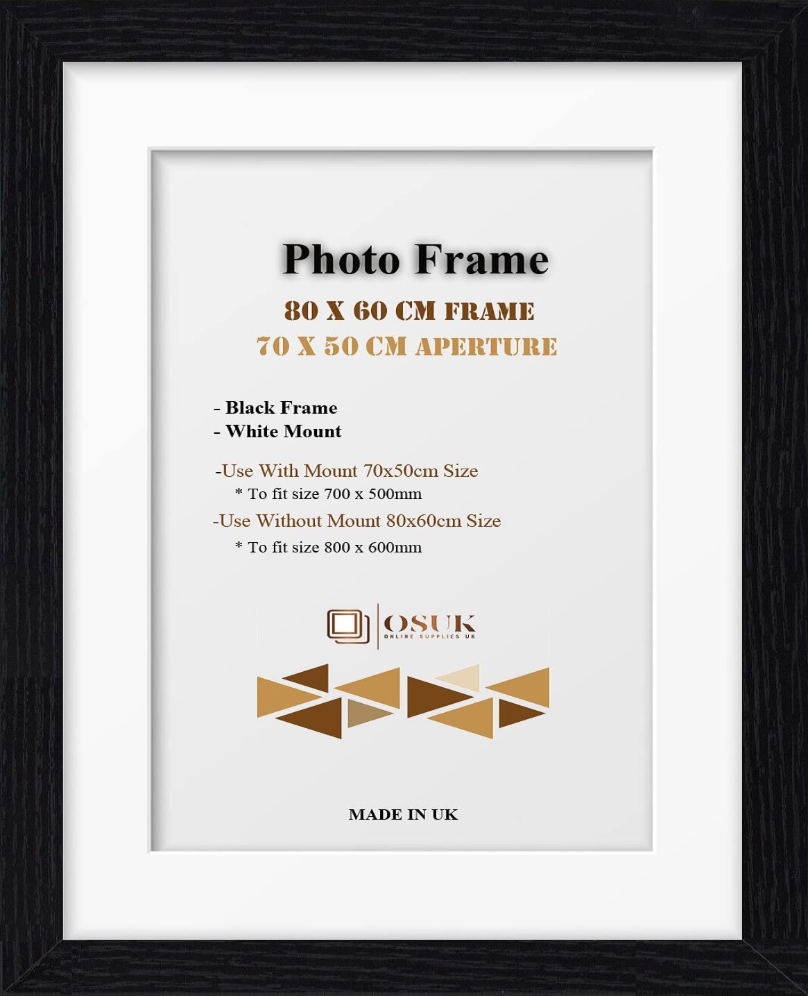 OSUK Black 80x60 cm Frame With 70x50 cm White Mount - Modern Photo Frames With Clear Perspex Front & Wall Mounting Poster Frame - 80 x 60cm Frames With 70 x 50cm Mounts