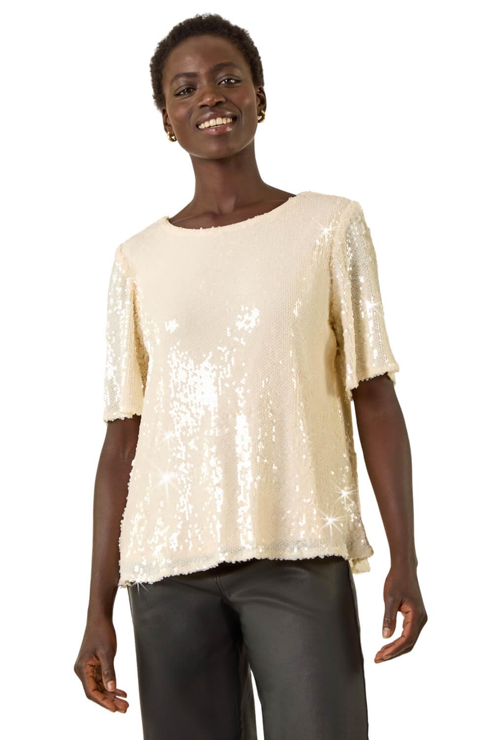 Roman Originals Sequin Embellished Top for Women UK - Ladies Everyday Autumn Winter Round Neckline Comfy Soft Evening Vacation Work Party Night Out - Cream - Size 12