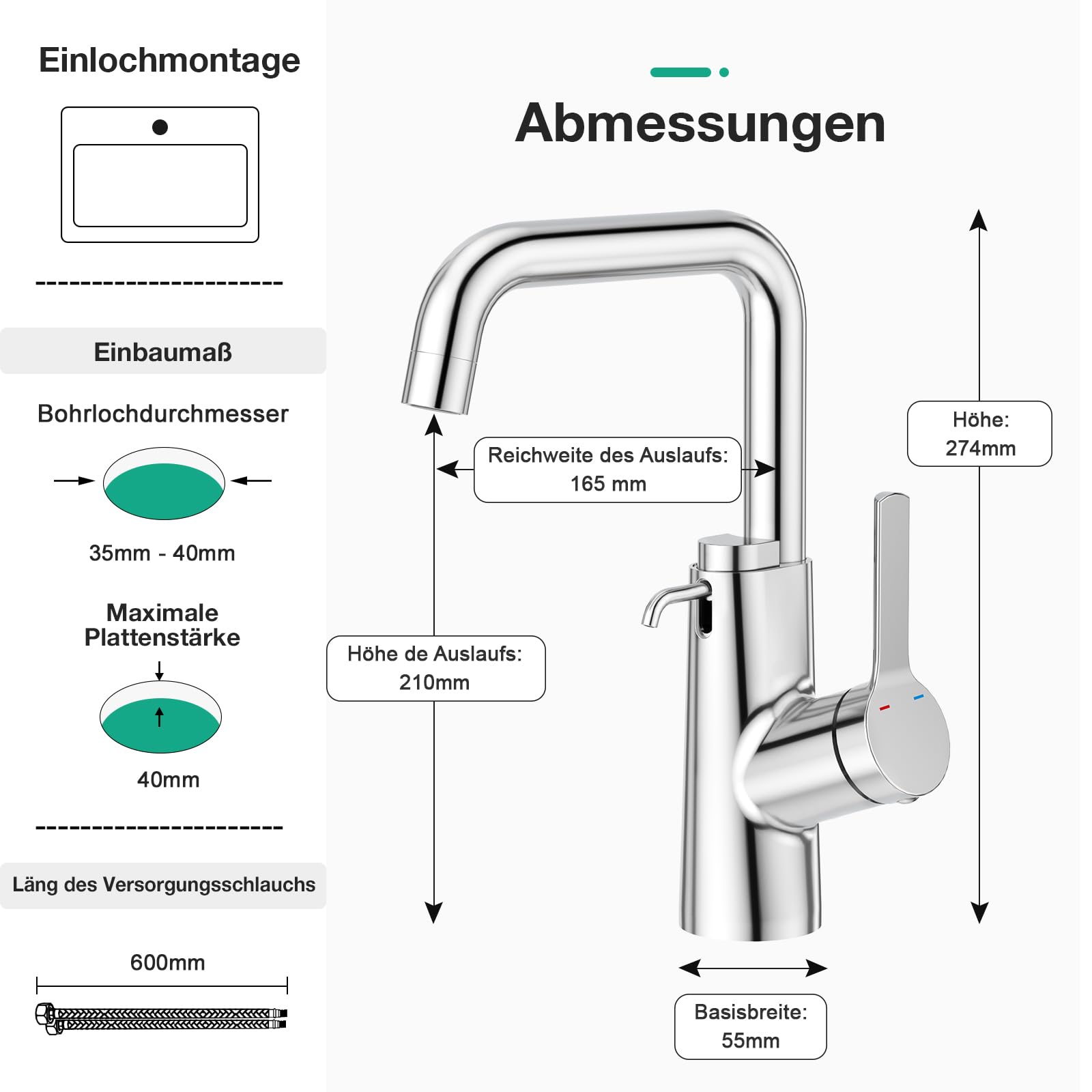Faustina Waschtischarmatur Bad für Waschbecken mit Seifenspender, Einhebelmischer Waschtisch Armatur Wasserhahn Bad Waschbeckenarmatur Badarmatur, Edstahl polierter Chrom