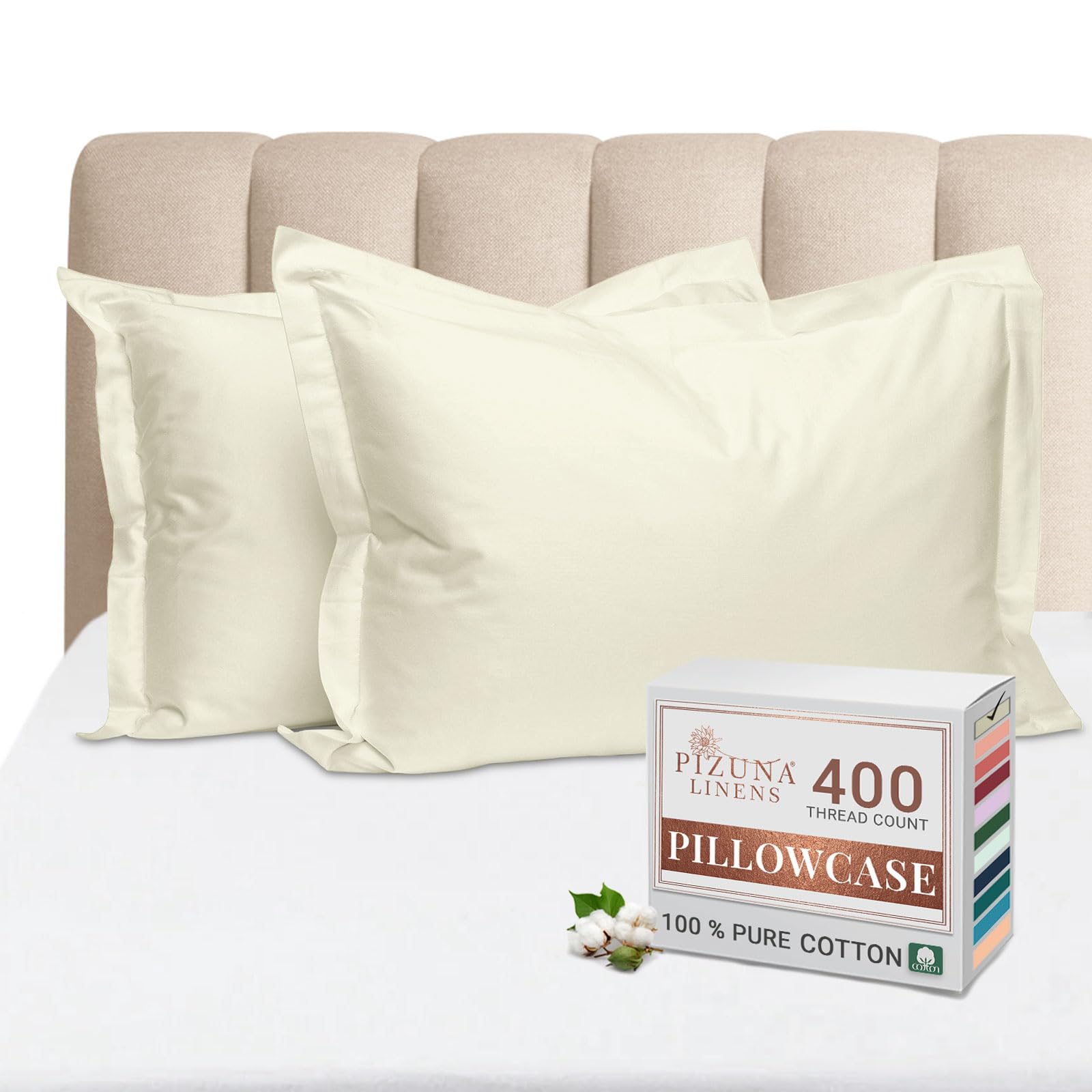 PizunaPure Combed Cotton King Size Pillow Case 50x90 cm Off White, 400 Thread Count Soft Luxurious 100% Long Staple Cotton Sateen Weave Pillow Cover With 5 cm Hem (Cooling Pillowcase - 2 PC)
