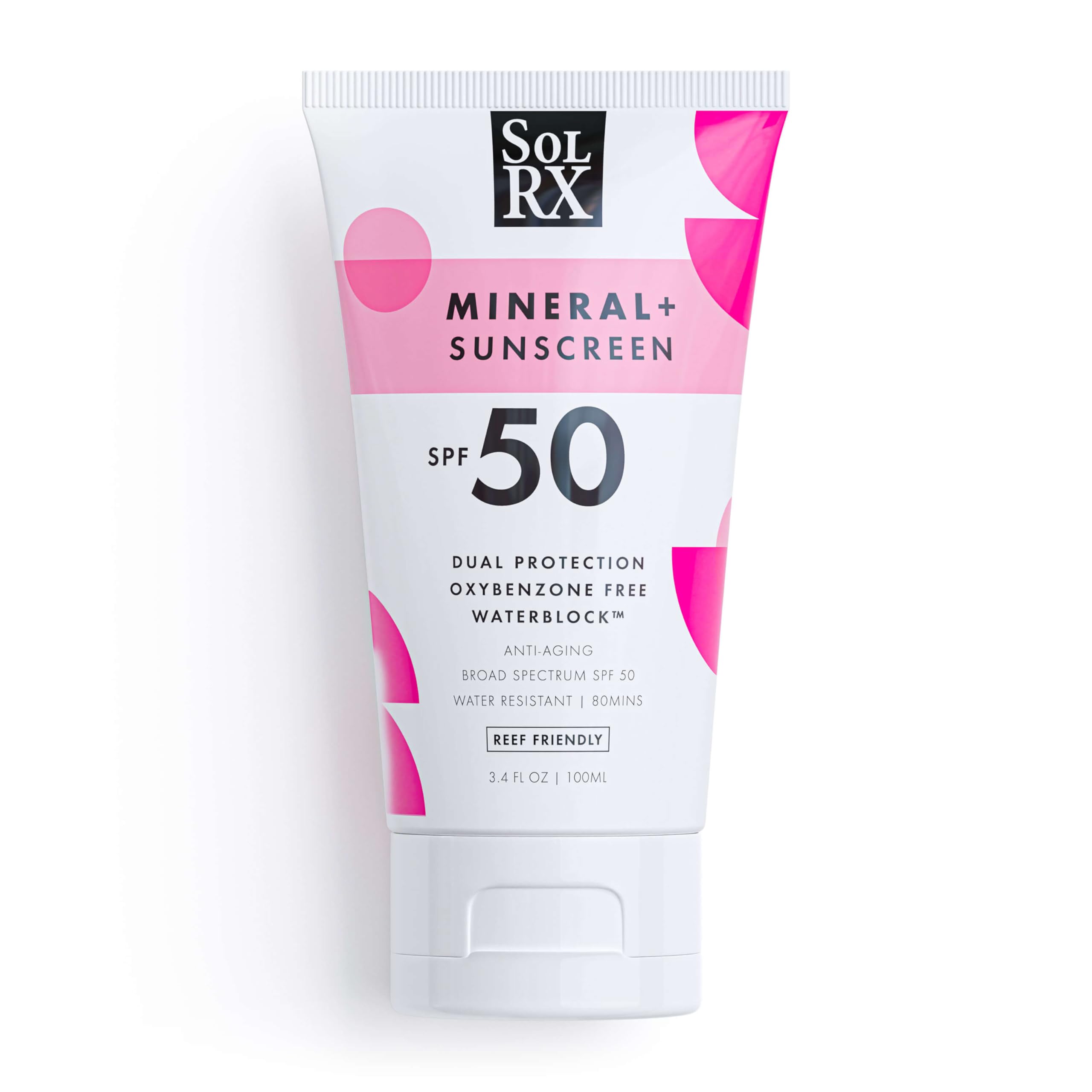 SolRX MINERAL+ SPF 50 Mineral Sunscreen with Zinc Oxide – Reef Safe, Broad Spectrum UVA/UVB Protection, Water Resistant Sunblock for Face & Body