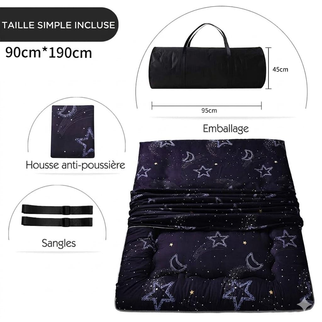 MAXYOYO Matelas Futon Japonais à Motifs, Matelas d'appoint matelassé, Lit d'invité, Matelas de Couchage Pliant Tatami Mat Respirant Lit d'invité pour Camping Couch, Rêver Lune, 90 x 190 cm