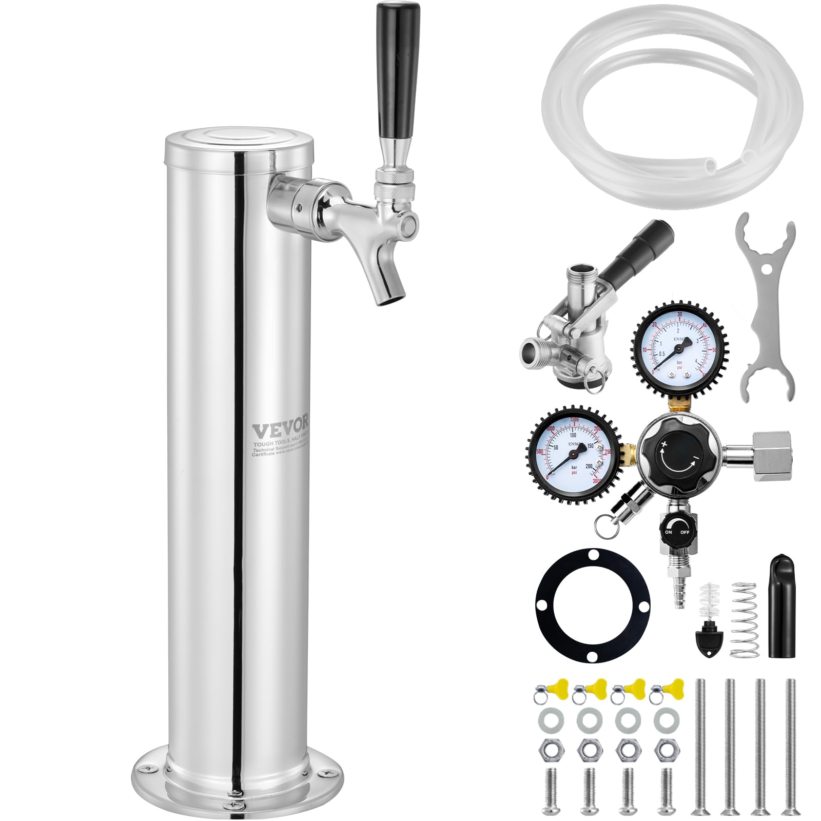 VEVOR Zestaw wieży Kegerator, zestaw do konwersji piwa z jednym kranem, dozownik wieży piwa ze stali nierdzewnej z podwójnym regulatorem W21.8 i łącznikiem beczkowym systemu S do domu na imprezę