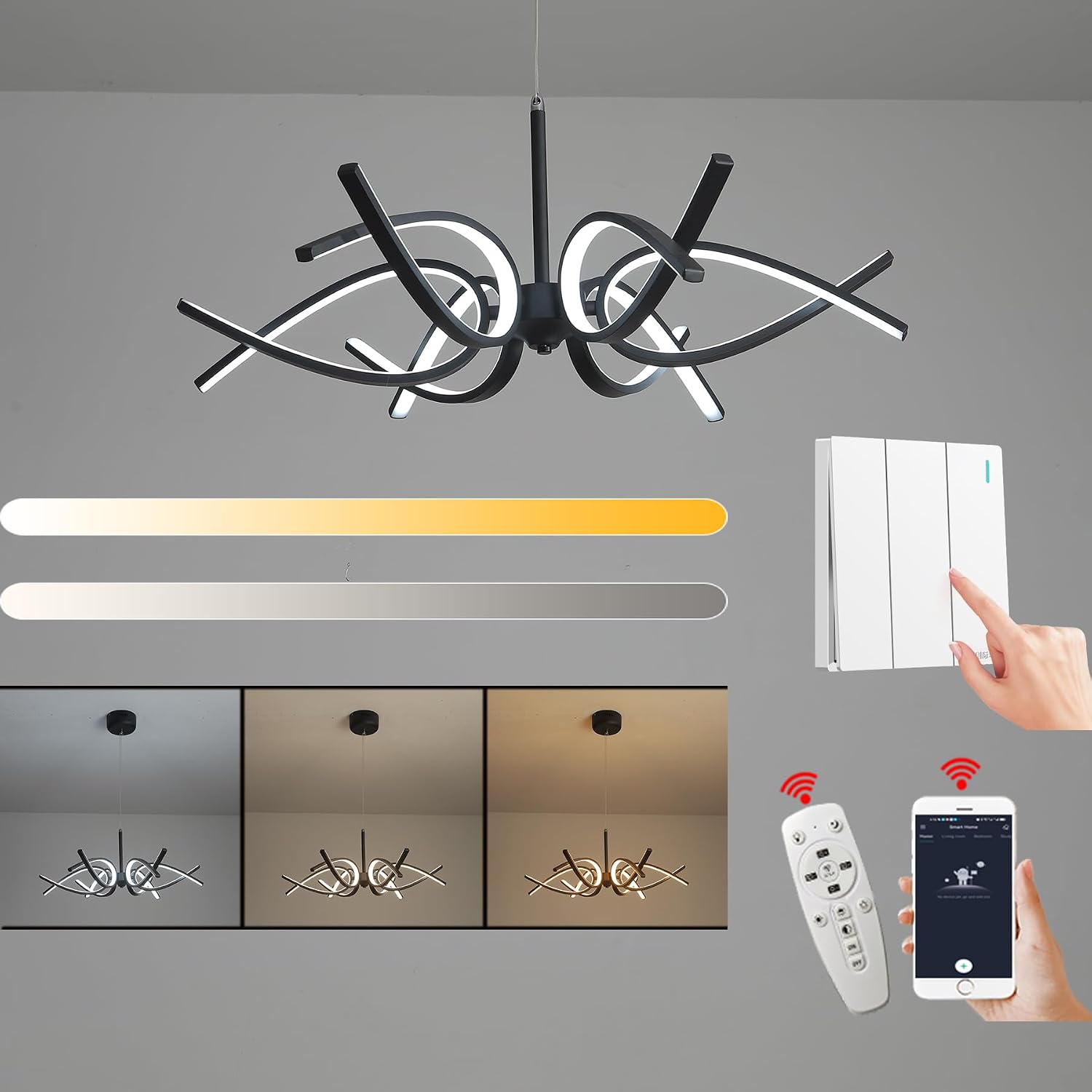 Modern LED Ceiling Light Fixture,50W 3500 Lumen,Ceiling Lamp for Kitchen Bedroom Study Living Room Office Dining Room,Dimmable Remote Control (Black-Pendant-BK224, Dia 29.5 x H 11 inch)