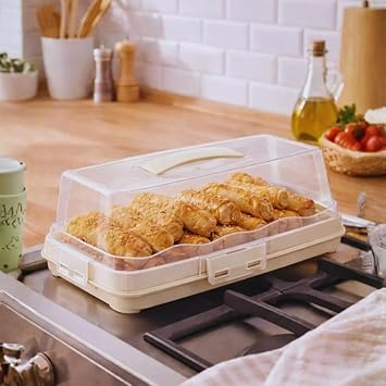 Dikdörtgen Şeklinde Şeffaf Pasta Taşıma Kabı Piknik Gezi İçin Kek Fanusu Pasta Kutusu Börek Çörek Saklama Kabı (Krem)