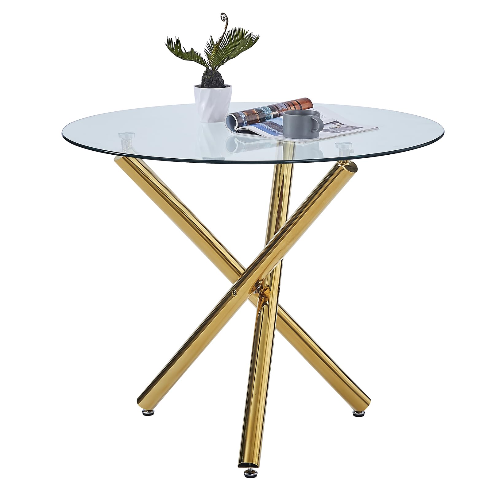 Generic Round Glass Dining Table 90CM Circular Kitchen Table, Mid-century Round Dining Table for Apartment and Small Space Kitchen (Gold)
