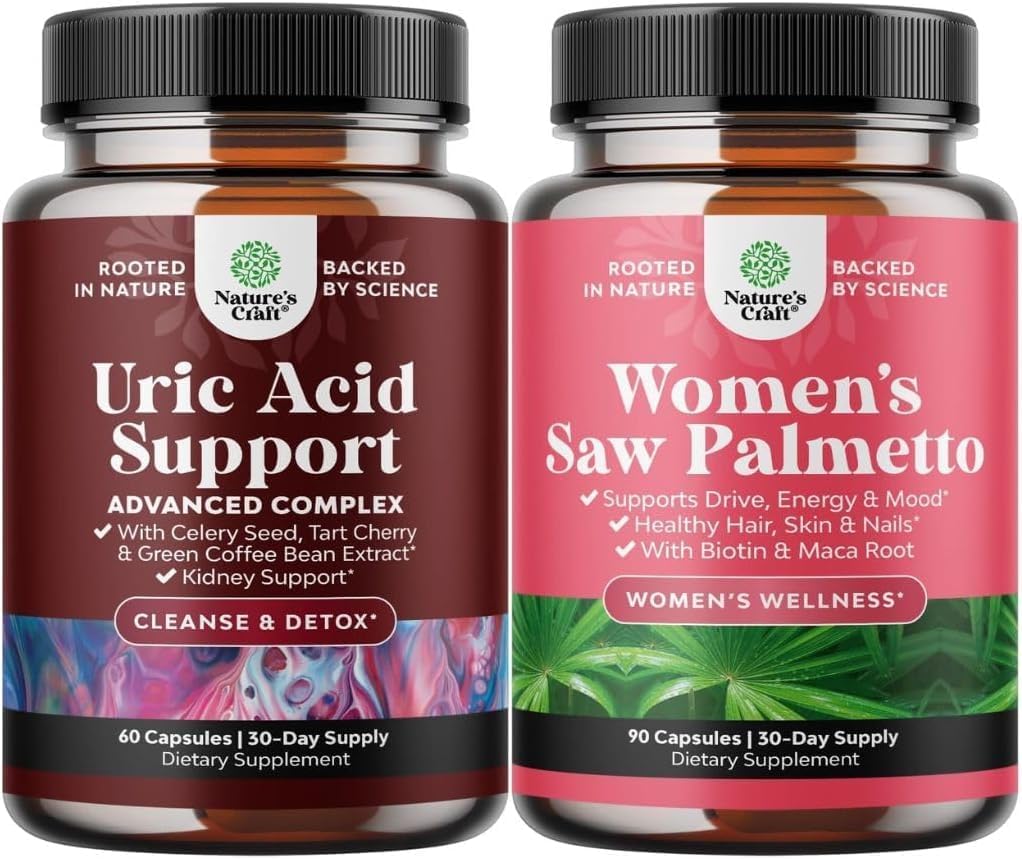 Bundle of Uric Acid Cleanse & Detox - Green Coffee Beans with Turmeric, Tart Cherry & Celery Seed for Kidney Cleanser & Saw Palmetto for Women 500mg - DHT Blocker for Hair Loss with Maca Root & Biotin