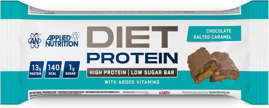 Applied Nutrition Diet Protein Bar, High Protein, Low Sugar Protein Snack Bar with Added Vitamins - Chocolate Salted Carmel (12 x 45g)
