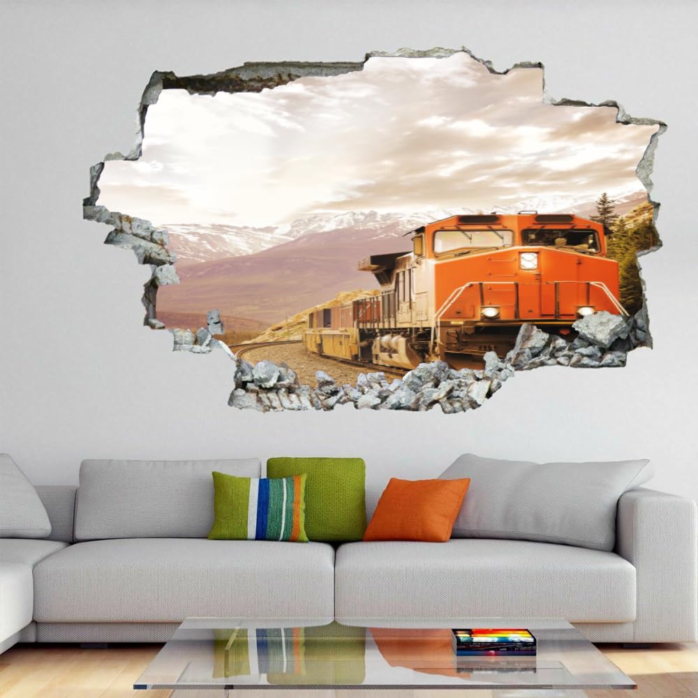 Décoration murale 3D Smashed Autocollants Rétro Train Amovible Art Mur Tatouage Mountain Peak Famille Stickers Muraux pour Maison Pépinière Filles Enfants Salon Chambre Décoration