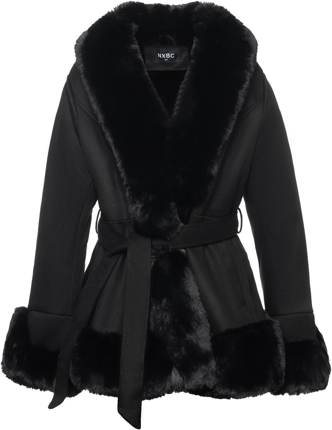 NXBC Winter Faux Fur Coats for Women,Faux Fur Leather Jacket Women,Winter Long Sleeve Furry Trim Peplum Parka Coat with Belt - Image 5