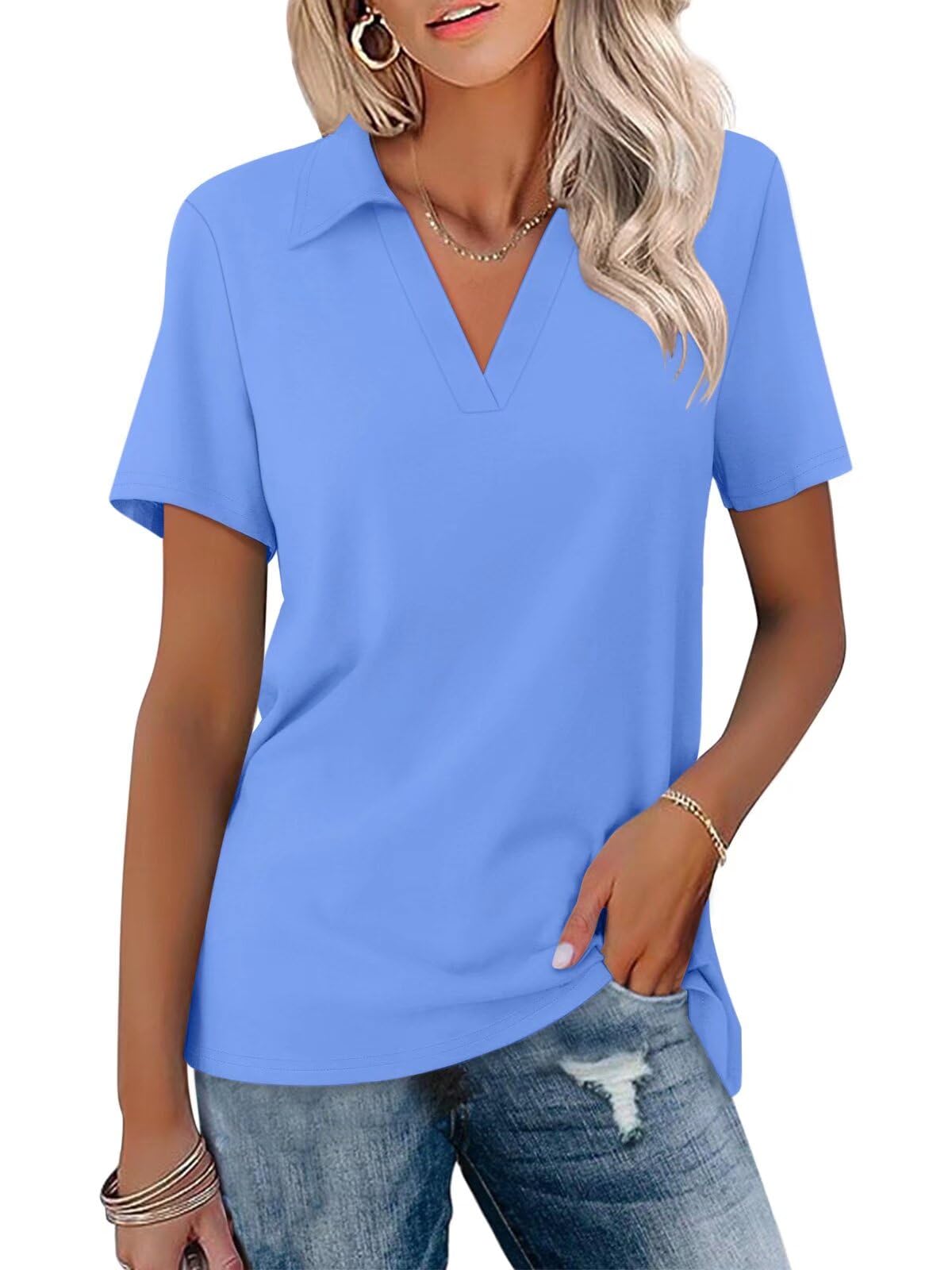 ORANDESIGNE Women's Short Sleeve V Neck Polo Shirts Summer Collared Tops Casual Loose Tees Tops