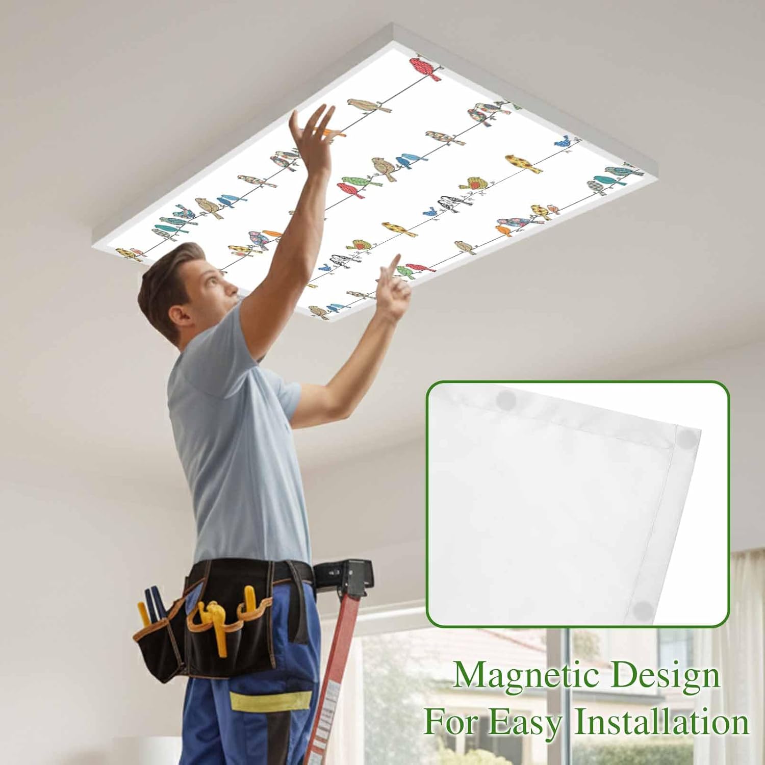 Cute Birds Fluorescent Light Covers for Ceiling Lights 4x2 feet, 4 Pack Magnetic Light Filters for Classroom, Funny Snowflake Wire Sparrow Fluorescent Lamp Shade Panel for Office School Drop Home