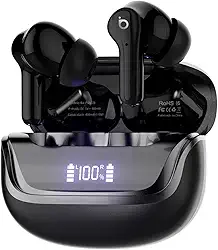 Fone de Ouvido Bluetooth, Basike Fone sem Fio TWS, Bluetooth 5.3 Até 60 Horas de Bateria, Toque Sensível, 62dB ANC Cancelamento de Ruído Musicas Graves Potentes para Academia Corrida (Preto)