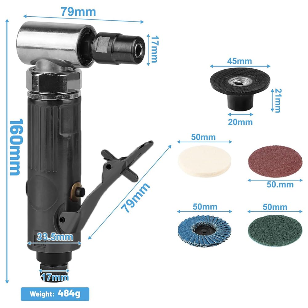 Smerigliatrice Pneumatica Angolare Professionale Ad Aria Compressa 90°, 40pcs, 22005rpm, 20pcs Dischi Abrasivi Lucidatura
