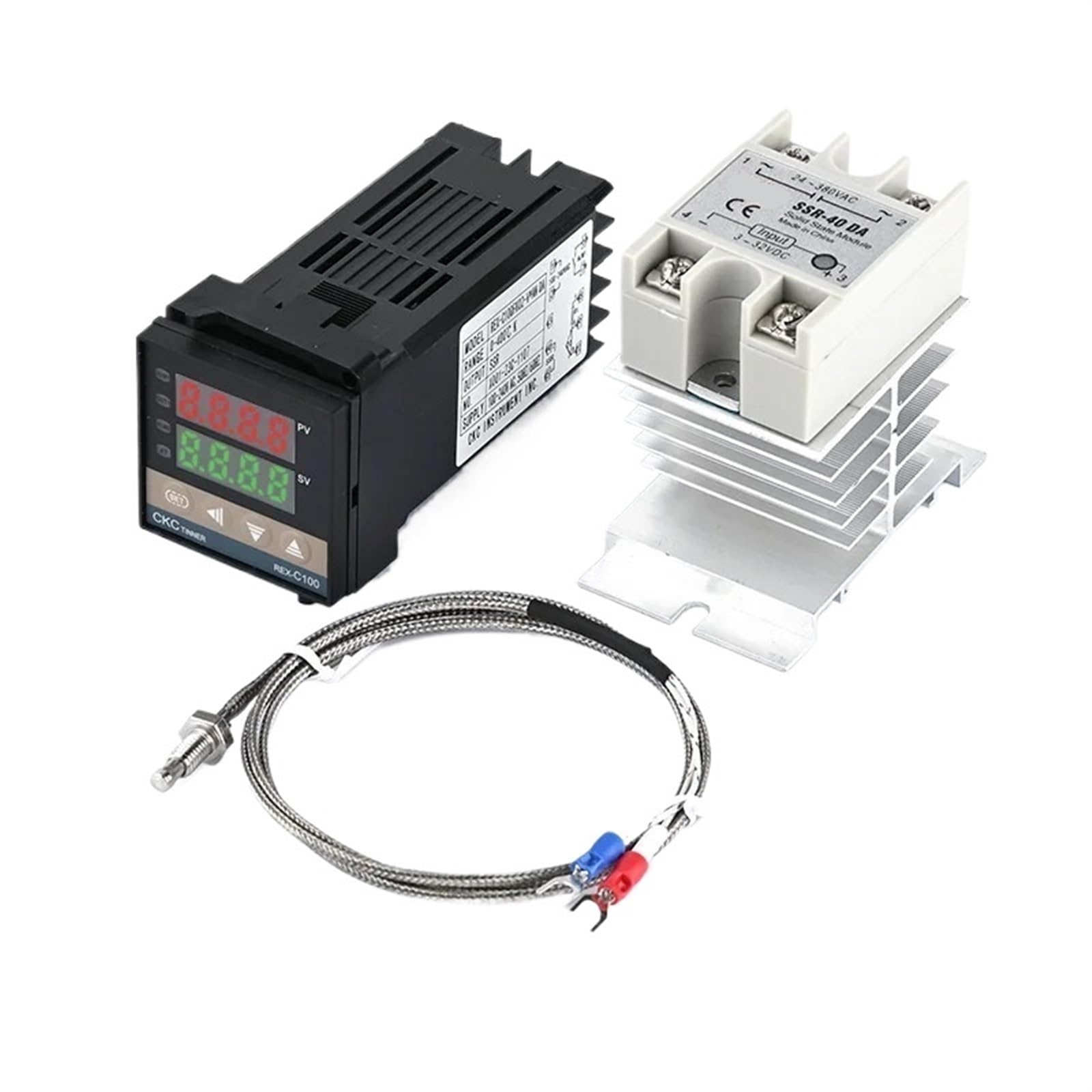 REX-C100 PID K Regolatore di temperatura Display digitale Termostato 110 V-240 V + Relè SSR 40A + Sonda termocoppia 1M K + Dissipatore di calore(C100 SSR Output)