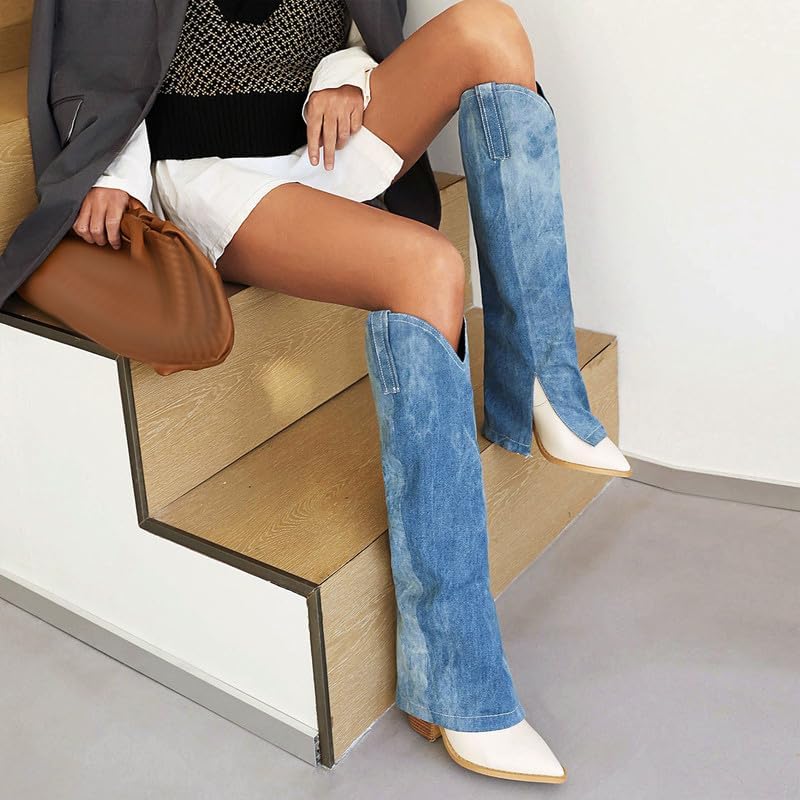 SEIFIN Fold Over Knee High Boots Denim Cowboy Boots Stacked Heel Pointed Toe Cowgirl Boots Blue