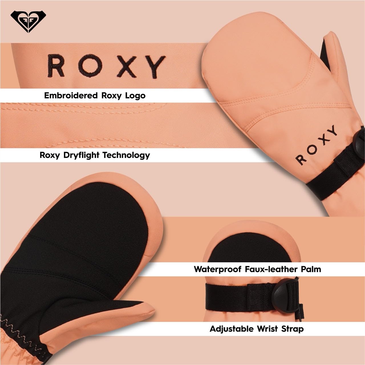 Roxy Rękawiczki snowboardowe/narciarskie dla dziewczynek, DryFlight, bez PFC, izolacja WarmFlight, ekran dotykowy, regulowany, brzoskwiniowy, rozmiar S