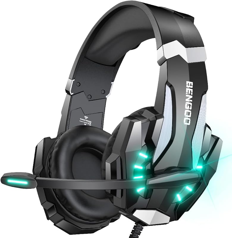 BENGOO G9000 Auriculares estéreo para juegos para PS4 PC Xbox One PS5, auriculares con cancelación de ruido con micrófono, luz LED, sonido envolvente de graves, orejeras de memoria suave para computadora portátil Mac - Negro