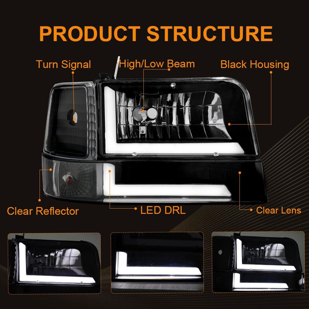 LED DRL Headlight Assembly, Headlights Kit Compatible with 1992 1993 1994 1995 1996 Ford F150 F250 F350/1992-1996 Bronco Replacement Headlamp Black Housing Clear Reflector