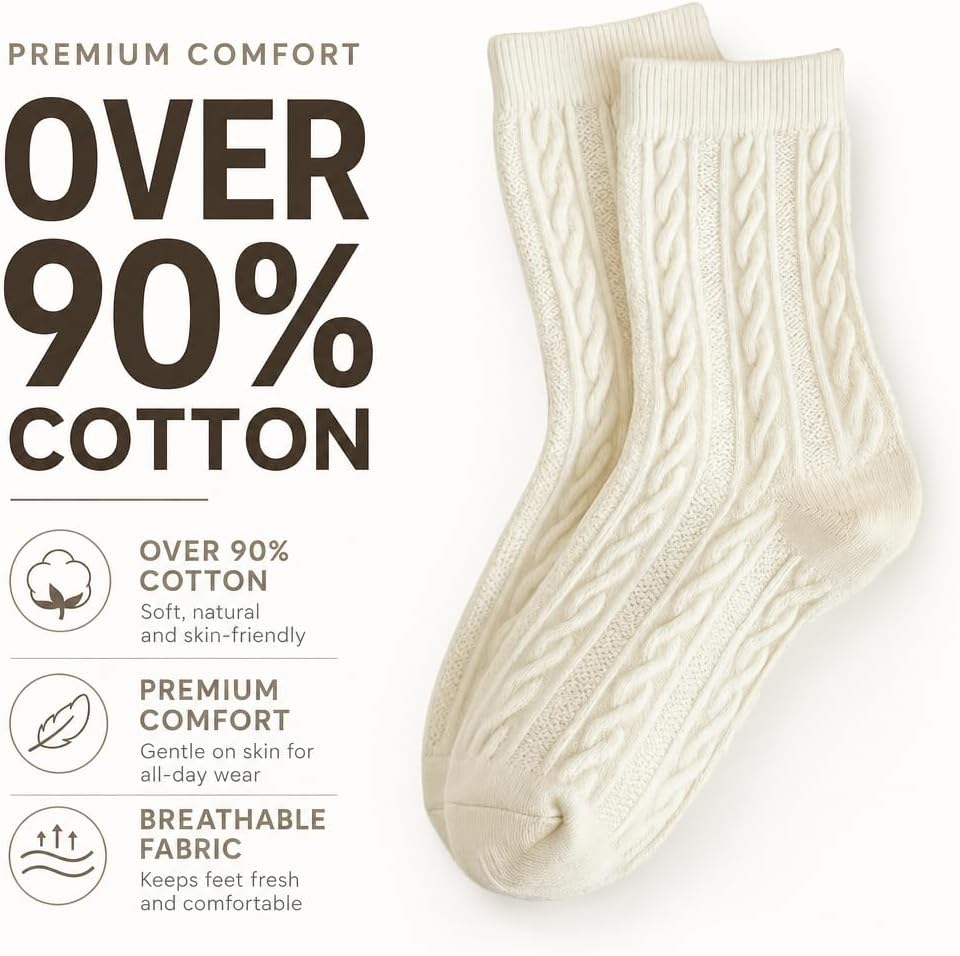 4 pairs socks Women's Cable Knit Crew Socks – Soft Cotton Blend, organic cotton socks women Cream Coquette Socks