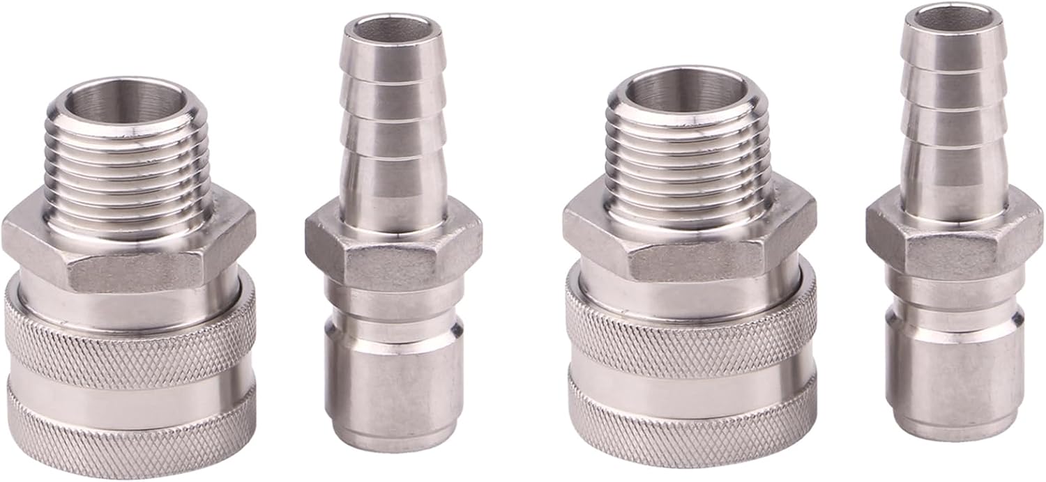 DERNORD 1/2 Inch Stainless Steel Quick Disconnect Set - Beer Brewing Connector Kit (Barb Female/MPT Male)