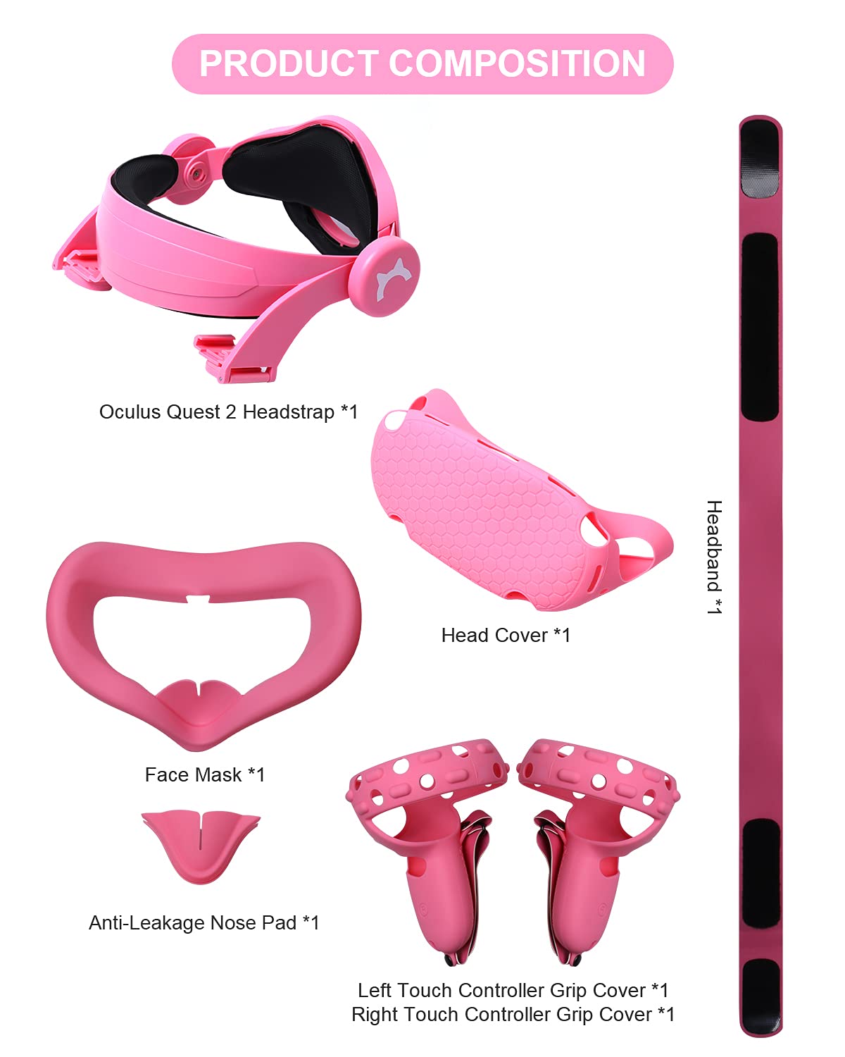 VR Adjustable Head Strap for Oculus Quest 2 Skins Cute Accessories with Silicone Touch Controller Grip Cover,Barbie Pink 6 in1 VR Shell Protector Cover & VR Face Cover Replacement Set 8