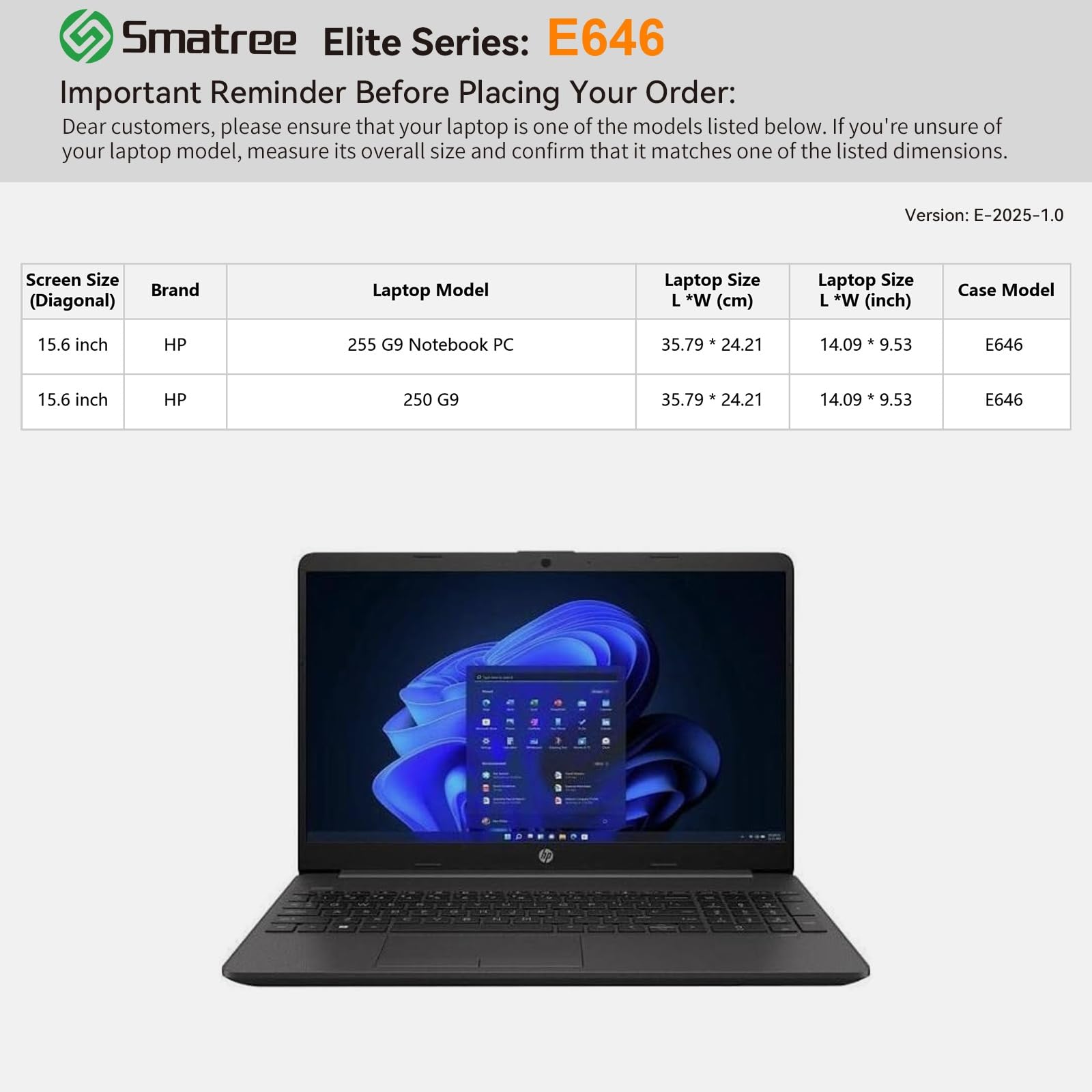 Smatree Laptop custodia per 15,6 pollici HP 255/250 G9 Notebook PC, Computer custodia con astuccio per accessori, cerniera YKK, Patented Super‑Corner Design(E646)