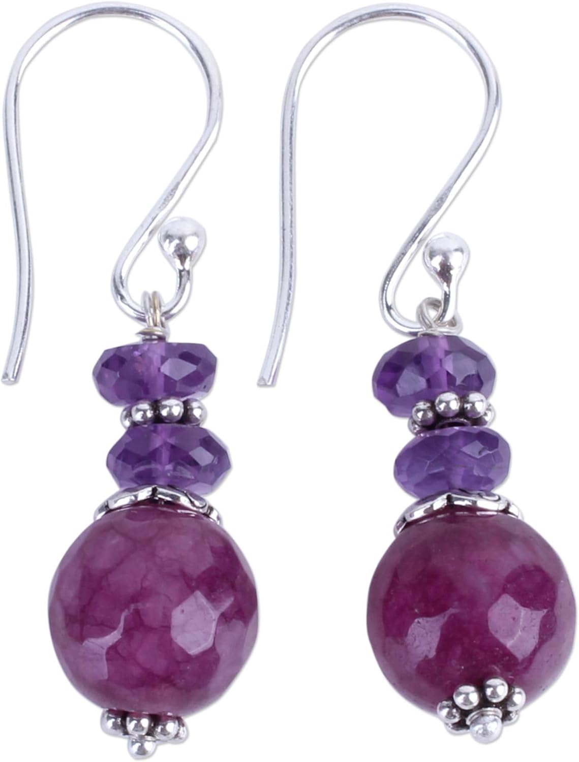 NOVICA Artisan Handmade Amethyst Dangle Earrings Indian Agate Sterling Silver Purple Beaded Birthstone [1.5 in L x 0.4 in W x 0.4 in D] ' Graceful Amethyst'