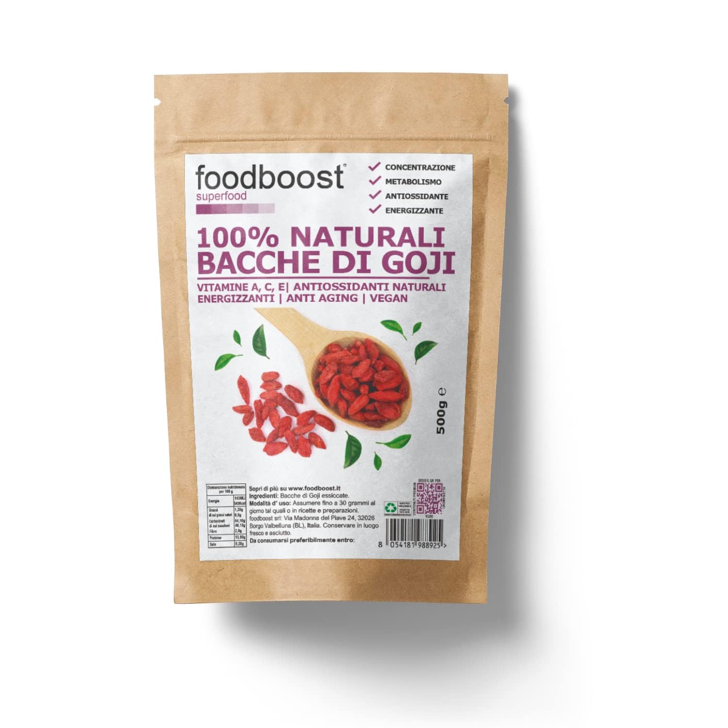 Foodboost Bayas de Goji 500 g – 100% naturales de cultivos seleccionados – Sin conservantes ni aditivos – Naturalmente ricas en antioxidantes vitamina A, vitamina E, Omega 3, calcio, hierro, zinc