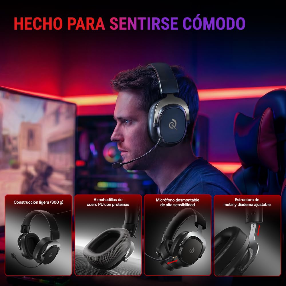 QCY Heroad VT200 Cascos Gaming Inalámbricos para PC/Ps5/Ps4/Switch/Mobile, 7.1 Sonido Envolvente, Auriculares Gaming con 2.4 GHz+Bluetooth 6.0, Duración 130H, Drivers 53mm, RGB -Plata Negro