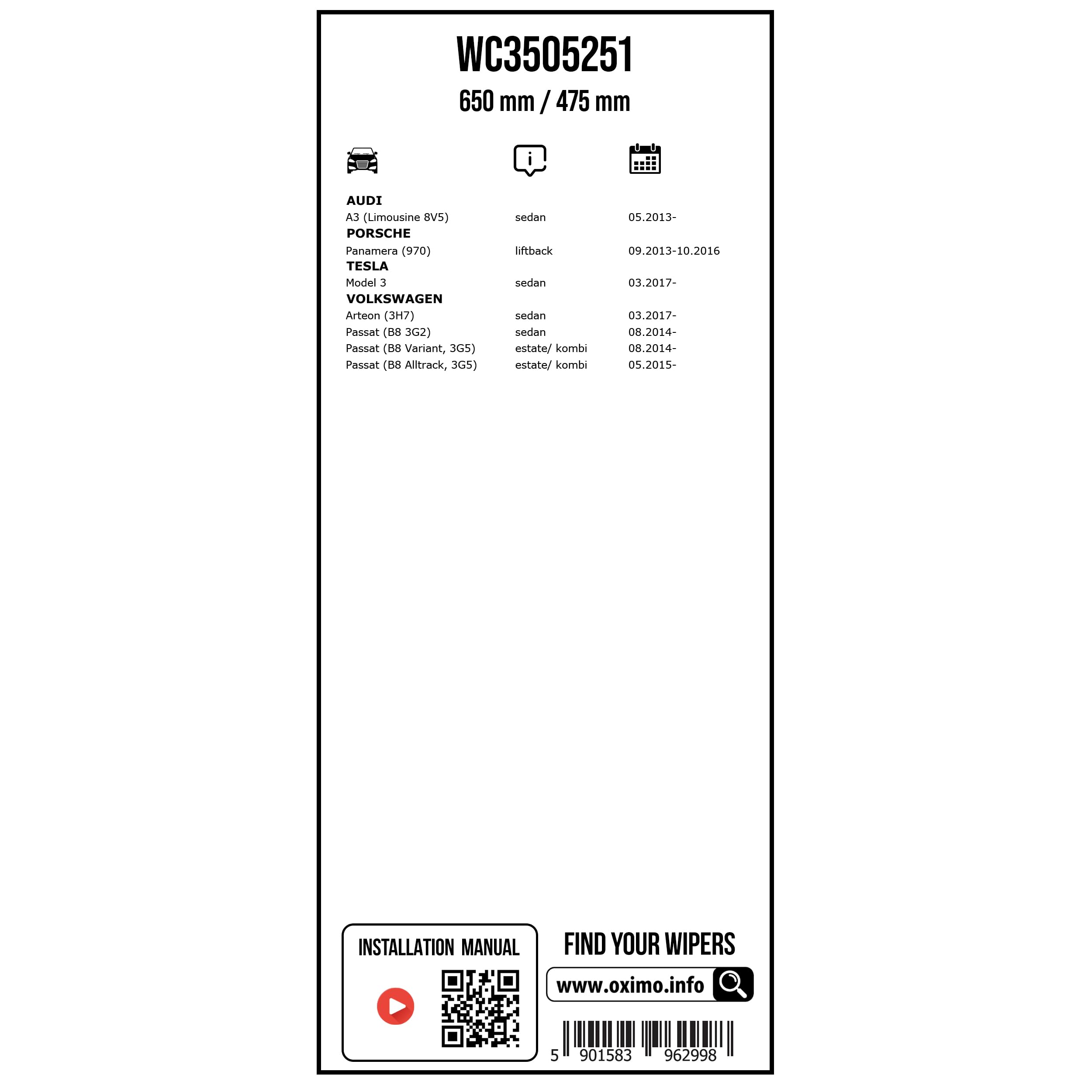 OXIMO Tergicristalli Coppia Spazzole Spazzole Anteriore | Tipo: Spazzole flat blade | Lunghezza 1: 700mm | Lunghezza 2: 450mm WC3005501 Compatibilità con VW Multivan T7 STM, STN ID.5 E39, AUDI, SKODA