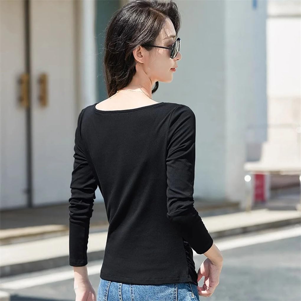 Camiseta de manga larga para mujer, cuello redondo, color liso, estilo clásico, plegable, para oficina