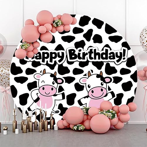 AOFOTO Fondo redondo de 4 x 4 pies con estampado de vaca de dibujos animados de feliz cumpleaños, vaca blanca y negra, animales de granja, fondo de