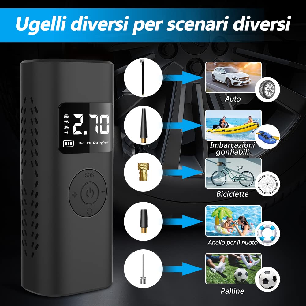 7800mAh Mini Compressore Aria Portatile Auto per Pompa Elettrica per Bicicletta, Auto, Moto, Monopattino,Palloni