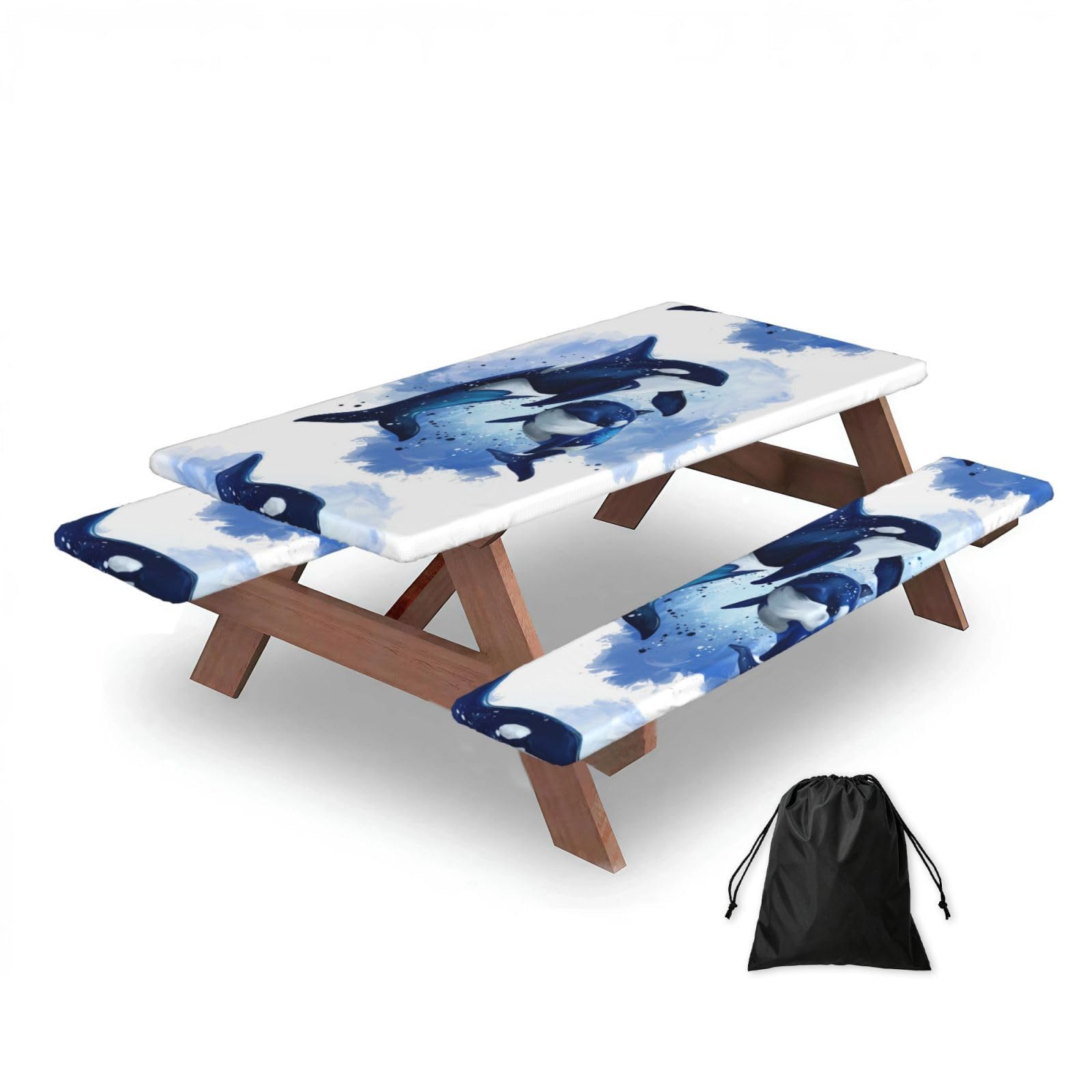 Dopklna As Picture Watercolor Two Killer Whales, Picnic Table Cover With Bench Covers -Waterproof Elastic Fitted Tablecloth For Garden Camping Patio 76X152cm