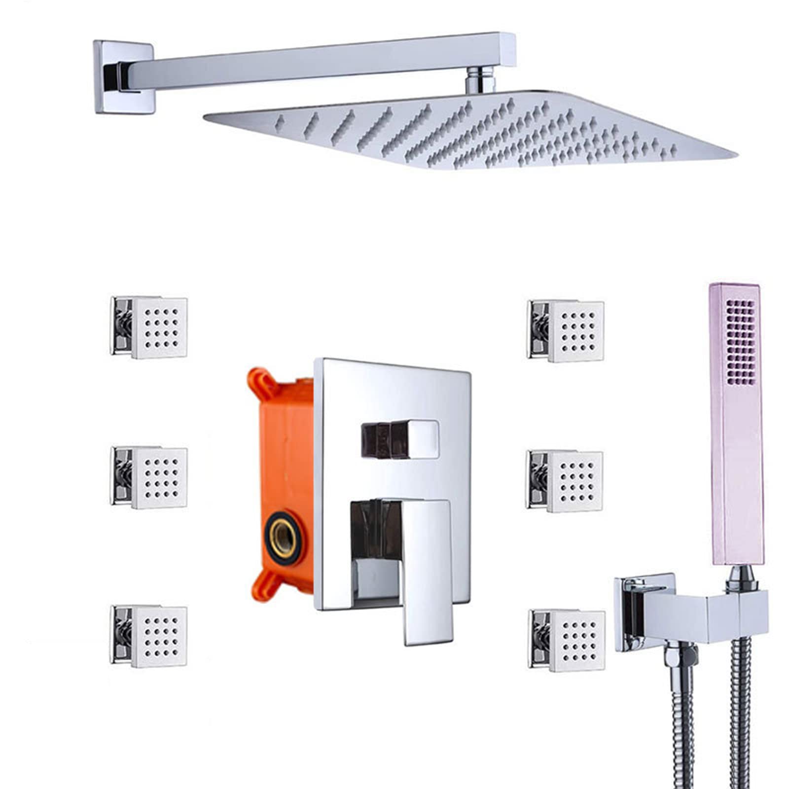 Miscelatori per Doccia, Miscelatore per Doccia da Incasso per Bagno, soffione Doccia Quadrato a Pioggia e Set Flessibile, Nero (Cromo A)