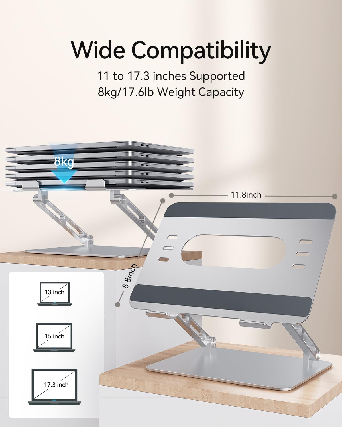 Orlian Soporte ajustable de aluminio para laptop, soporte ergonómico para computadora portátil, soporte resistente para laptop, tabletas de 10 a 17.3 pulgadas, plateado