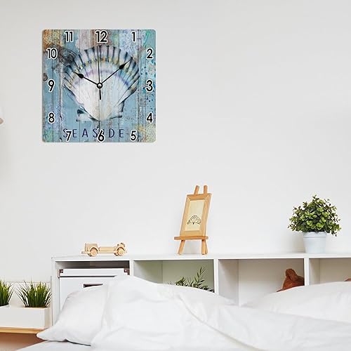Miniatura 6 de Reloj de arte rústico de 12 x 12 pulgadas, estilo vintage, con diseño de océano, con carcasa de PVC, de grano de madera azul, animales marinos,