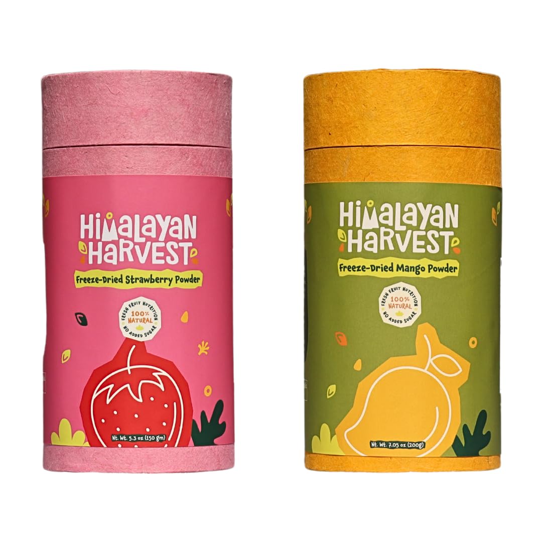 Healthy Natural Superfood Powder for Kids and Adults | 100% Natural, Vegan, No Added Sugar, No Preservatives, Rich in Vitamin C & Antioxidants | For Baby Food, Smoothies, Baking & Drinks | Himalayan Harvest Freeze-Dried Fruit Powder – Mango & Strawberry | Pack of 2