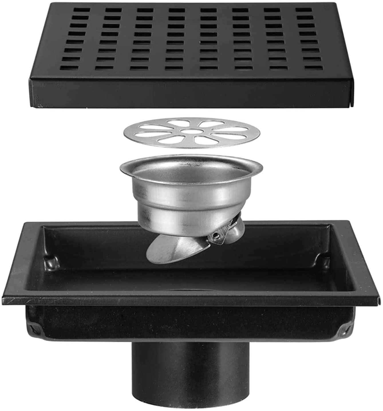 Scarico quadrato per doccia da 15,2 cm, con griglia rimovibile e raccogli capelli, in acciaio inox SUS 304, per bagno, colore nero