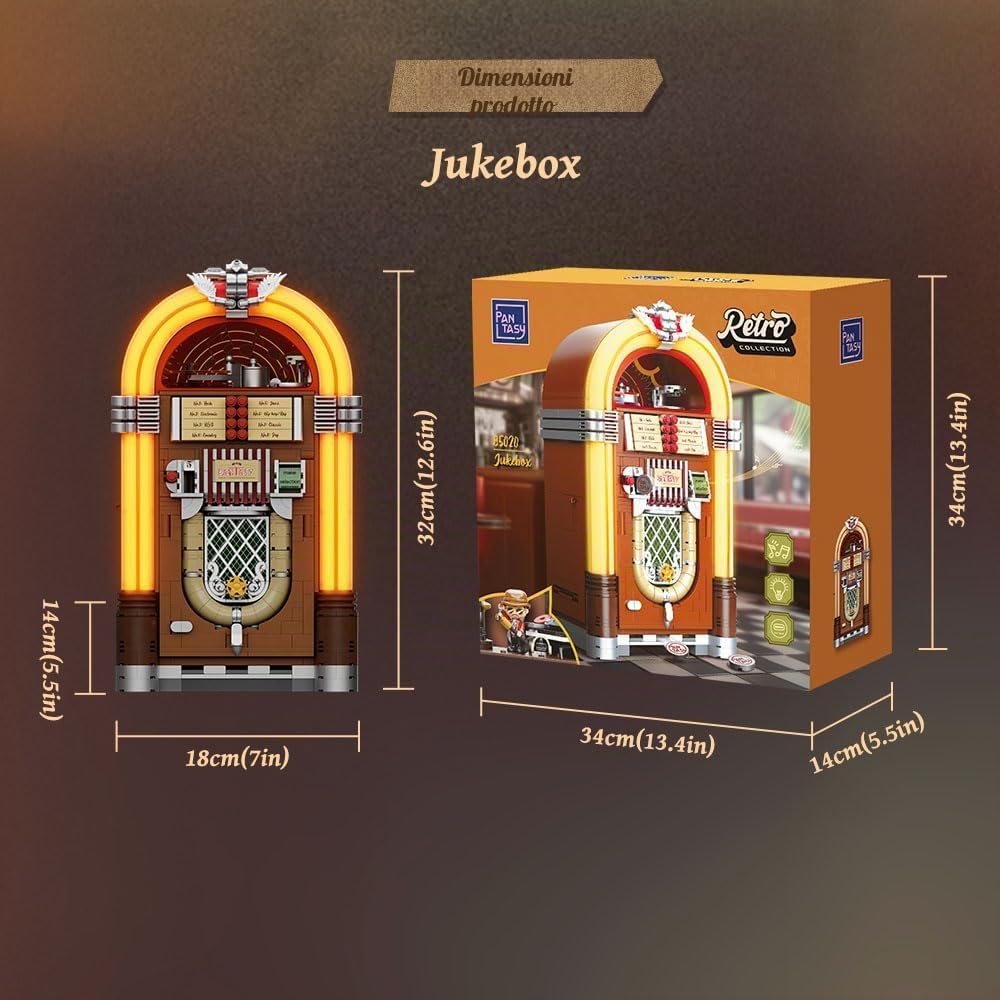 PANTASY Kit retrò jukebox con moneta e suono, modello musicale meccanico con dischi in acrilico, studio di registrazione e minifigure, kit da collezione come regalo per adulti e adolescenti