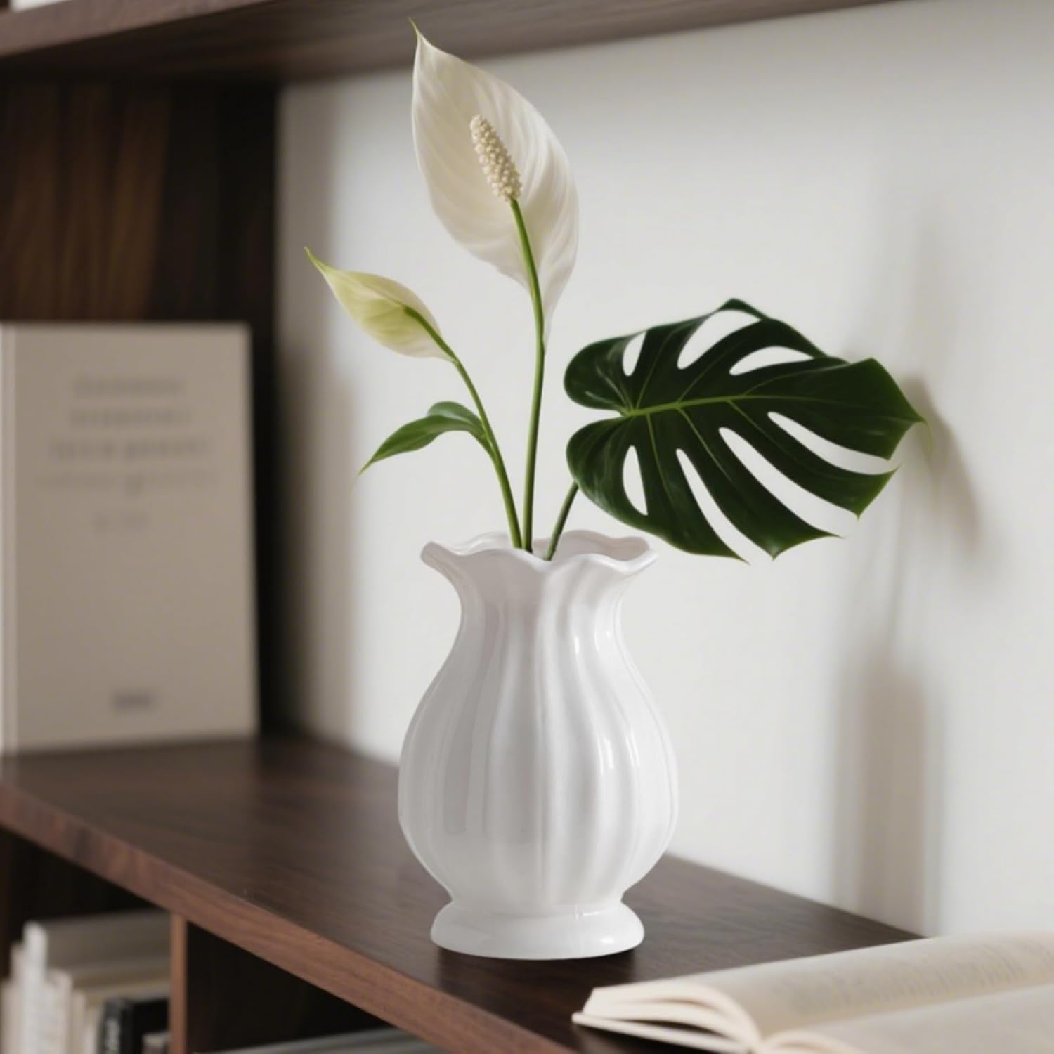 White Flower Vase, 6.3″ Ceramic Small White Vases for Flowers, Decorative Farmhouse Vase Decor for Living Room Kitchen Centerpieces