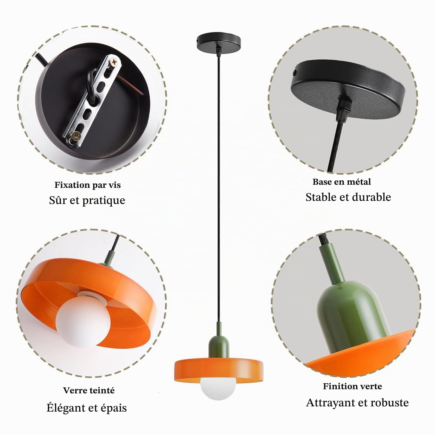 Suspension en Verre Moderne, E27 Lampe Suspendu au Plafond Réglable en Hauteur pour Îlot de Cuisine, Salle à Manger, Chambre ou Café (Orange)
