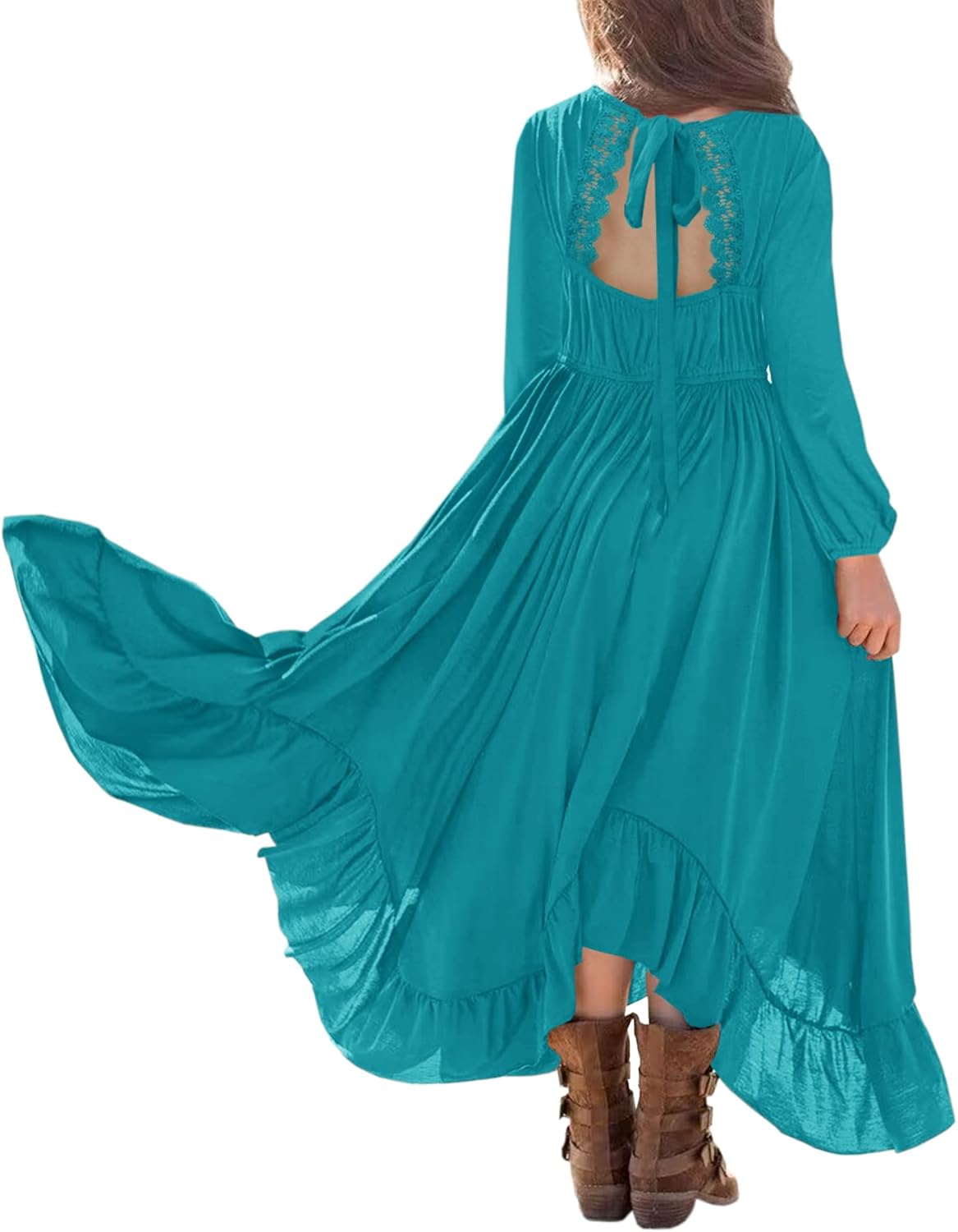 MITILLY Girls Boho Lace Flower Backless Crew Neck Long Sleeve Ruffle Swing Maxi Dress with Pockets