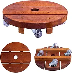 Varana Suporte Redondo para Vaso de Planta em Madeira Cedrinho com Rodinhas de Cristal 20 Cm