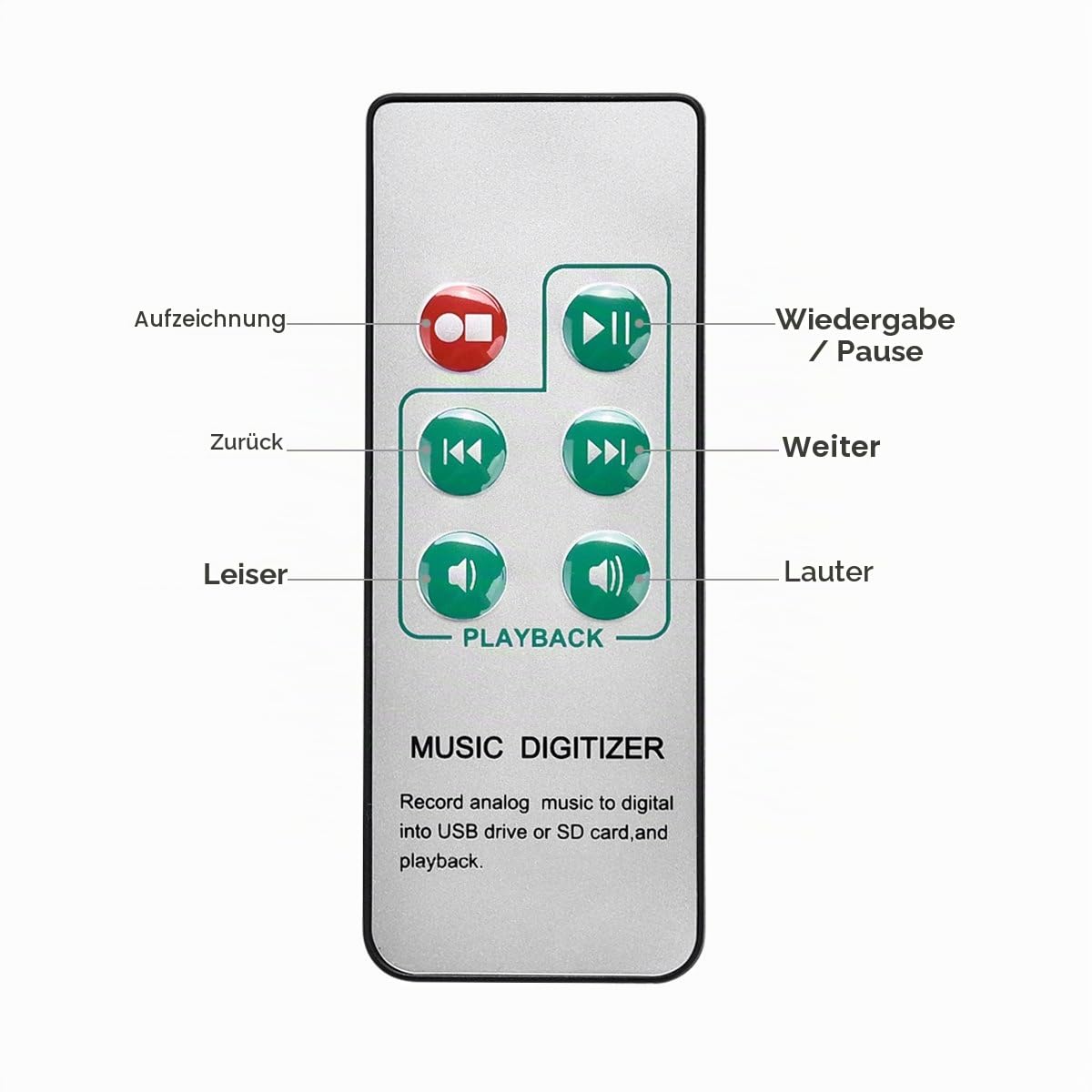 Digitaler Audio-Rekorder mit 3,5 mm- und Cinch-In-Anschlüssen und Fernsteuerung, Aufnahme als MP3-Datei